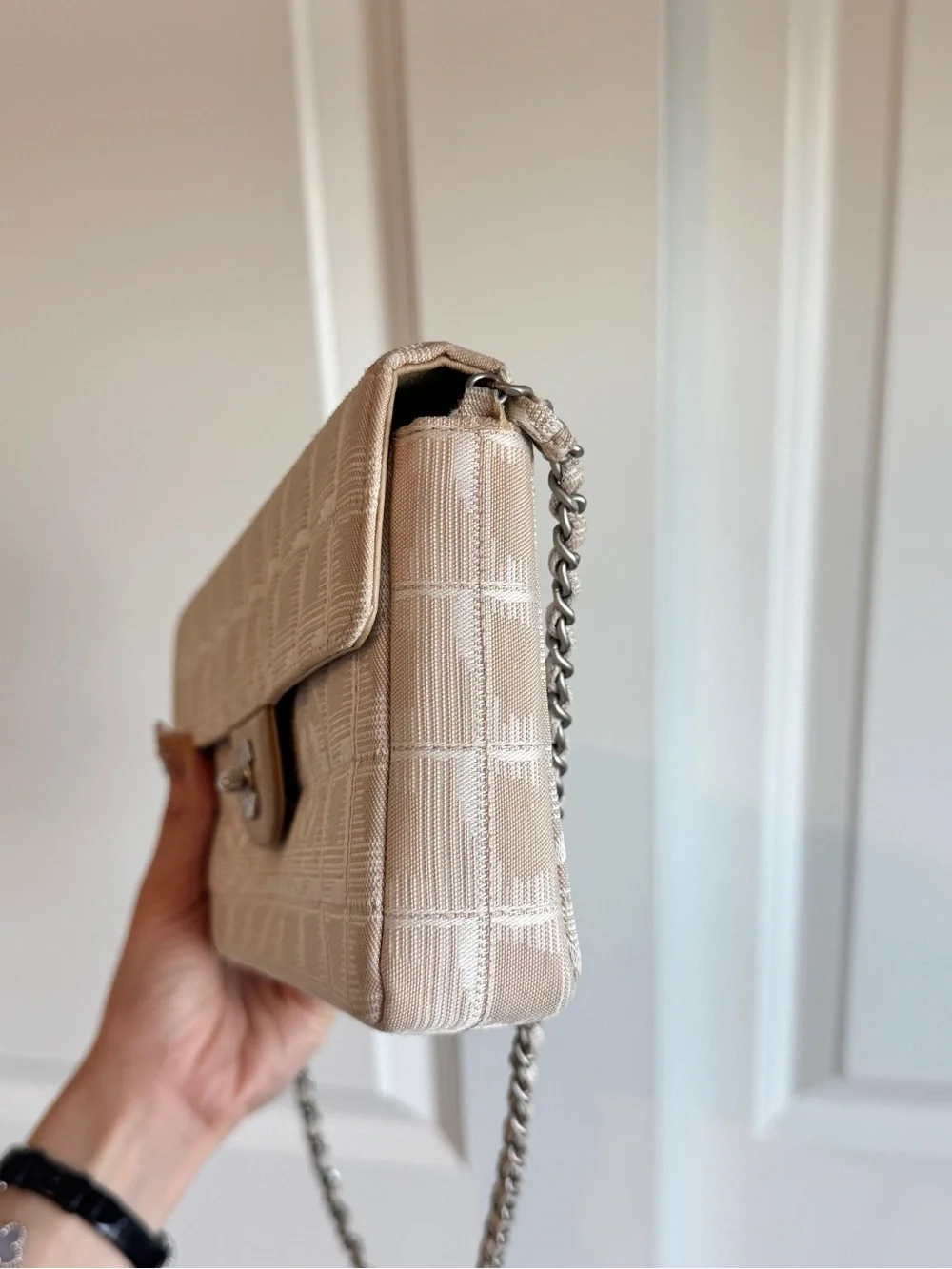 CHANEL Cream East West Flap Shoulder Bag with Silver Hardware